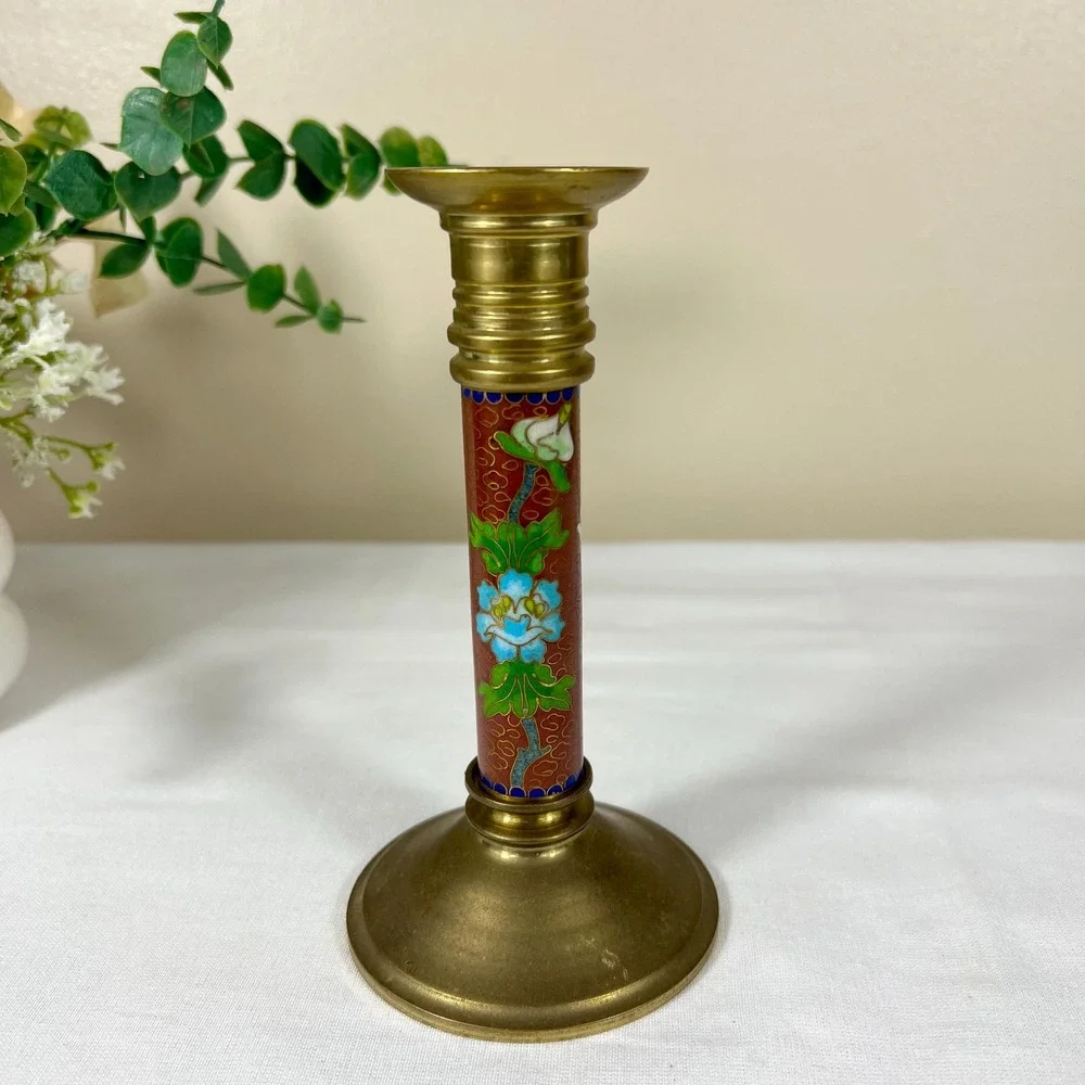 Vintage Oriental Cloisonné Floral and Bird Brass Candlestick Holder
